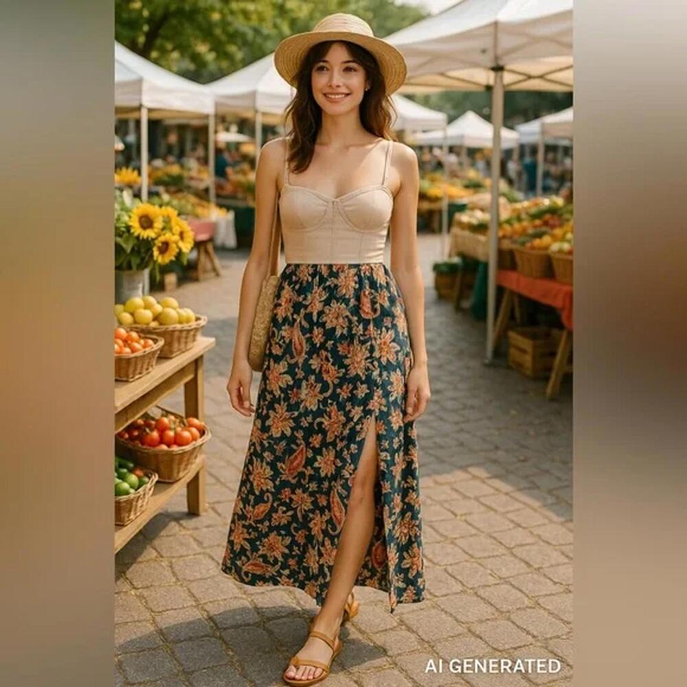 Floral Maxi Dress with Beige Bodice